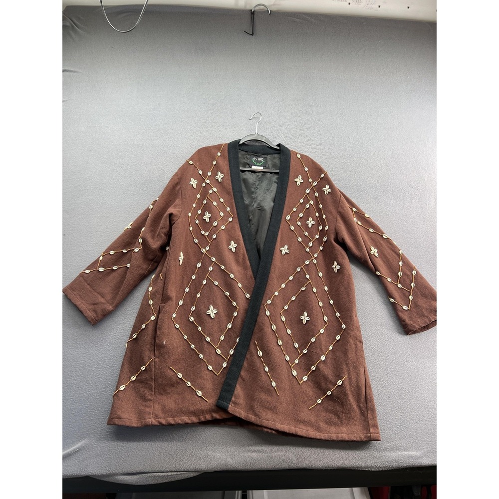 Ashro Jacket Womens Small Brown Cowrie Shell Beaded Lined Open Front Boho Tribal